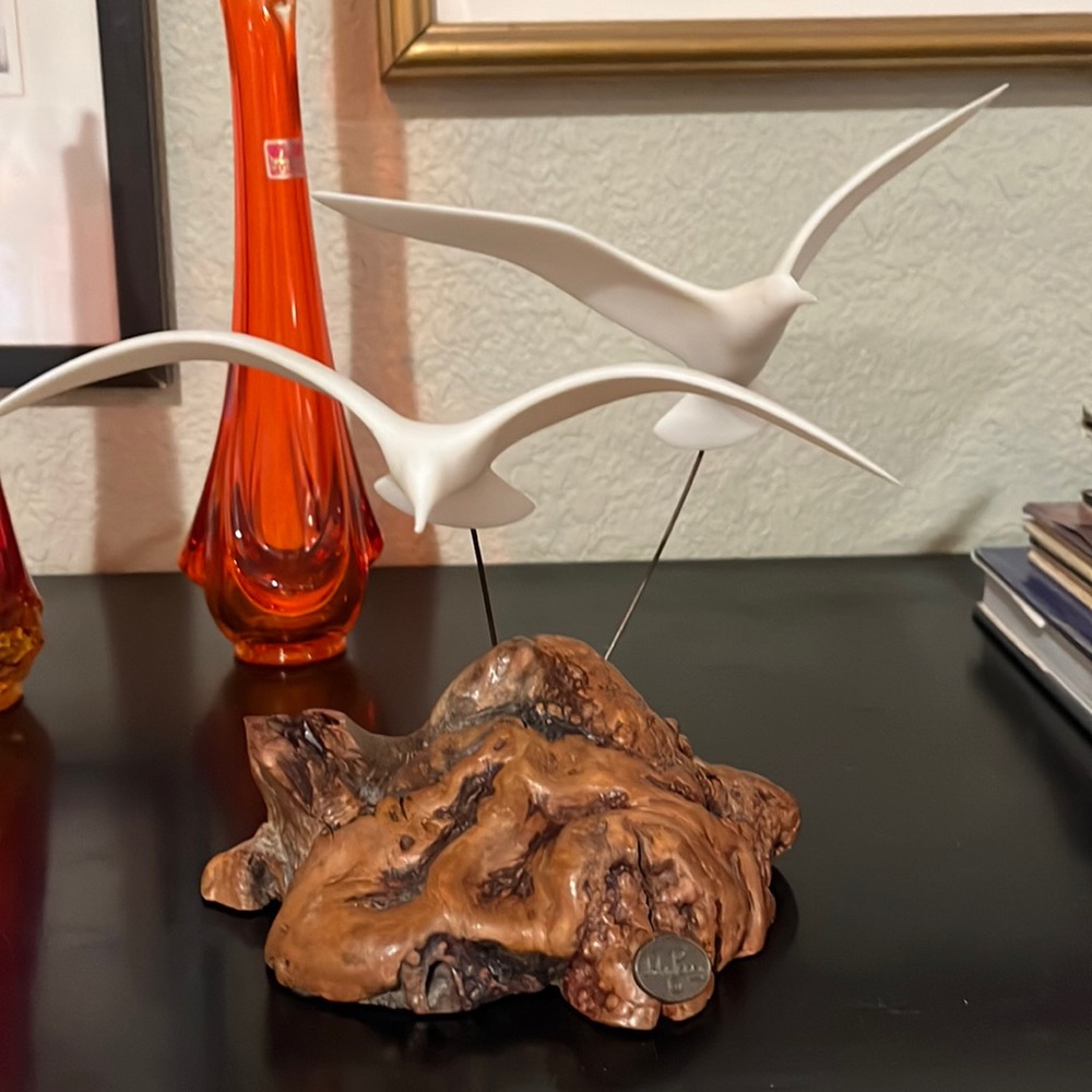 MCM Two Seagull Sculpture on Burlwood designed & signed by John Perry 10” X 13”